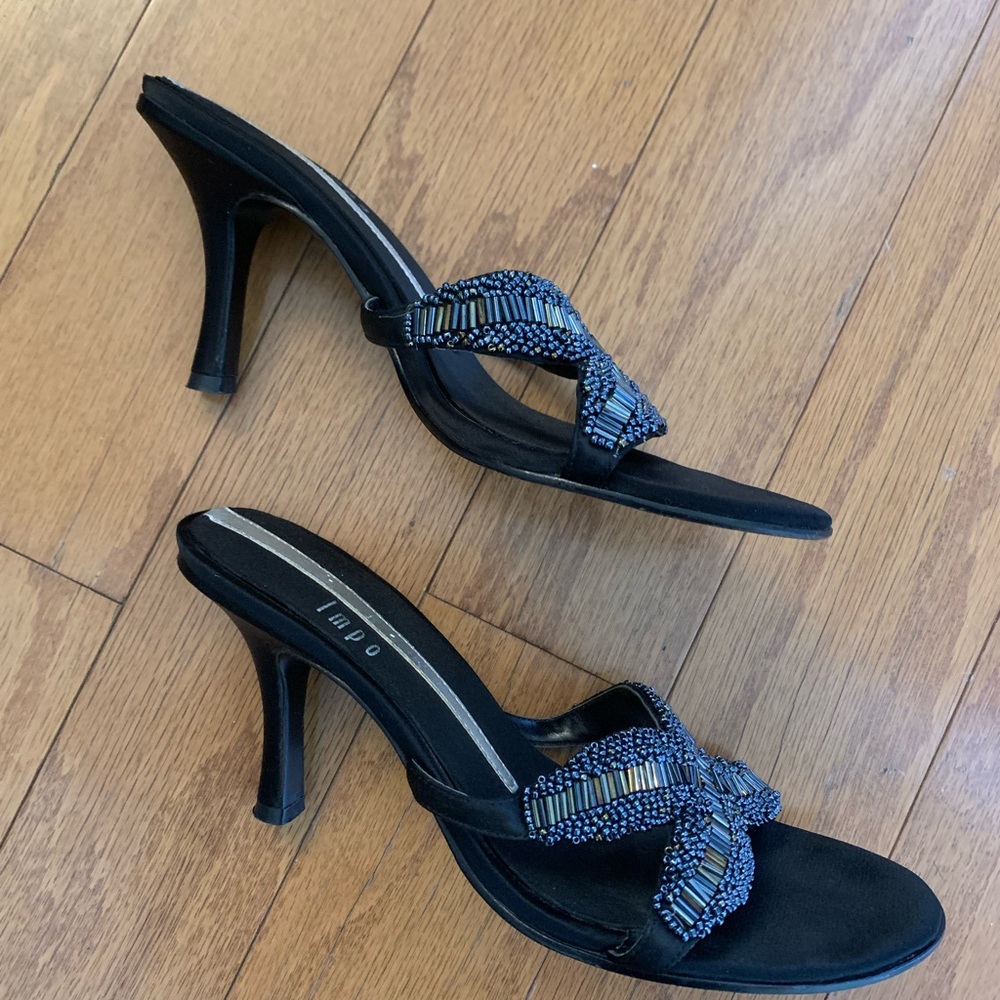 Impo Trini Beaded Sandals. Great Used Condition. 3 1/2 inch Heel. Gunmetal Black - Picture 8 of 8